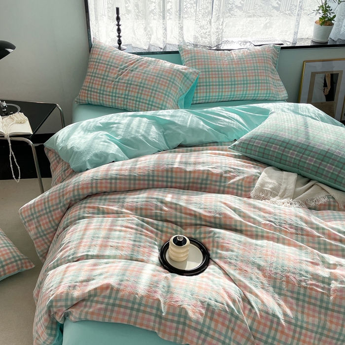 91家纺网 家纺一手货源 找家纺 春皖家纺 2026新款色织AB版水洗棉三件套四件套单品系列（四件套风格一） 翠竹-绿格