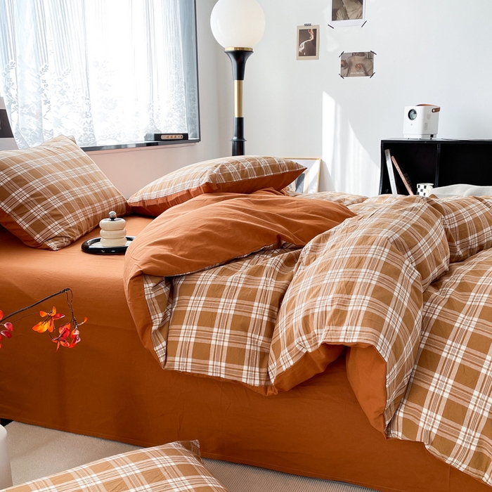 91家纺网 家纺一手货源 找家纺 春皖家纺 2026新款色织AB版水洗棉三件套四件套单品系列（四件套风格一） 素雅-黄格