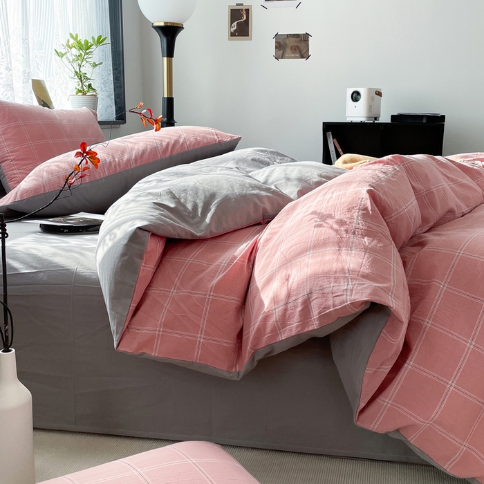 91家纺网 家纺一手货源 找家纺 春皖家纺 2026新款色织AB版水洗棉三件套四件套单品系列（四件套风格一） 素雅-韵粉