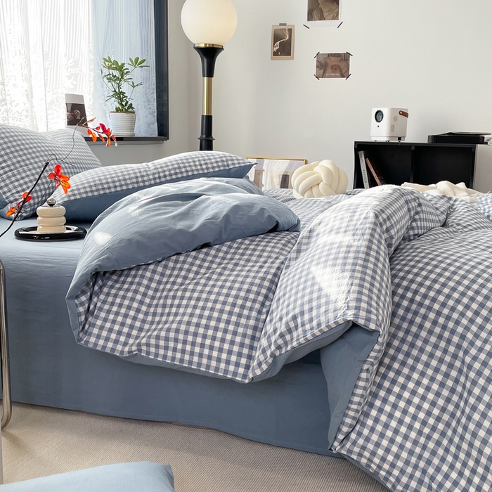 91家纺网 家纺一手货源 找家纺 春皖家纺 2026新款色织AB版水洗棉三件套四件套单品系列（四件套风格一） 素雅-蓝小格