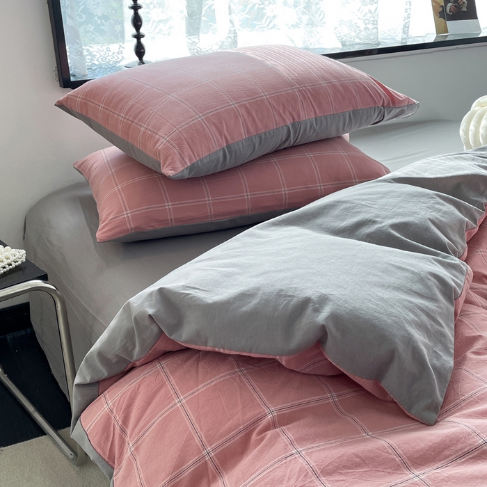 91家纺网 家纺一手货源 找家纺 春皖家纺 2026新款色织AB版水洗棉三件套四件套单品系列（四件套风格一） 素雅-韵粉