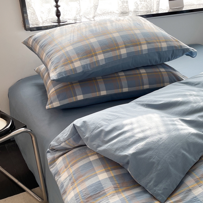 91家纺网 家纺一手货源 找家纺 春皖家纺 2026新款色织AB版水洗棉三件套四件套单品系列（四件套风格一） 素雅-蓝格