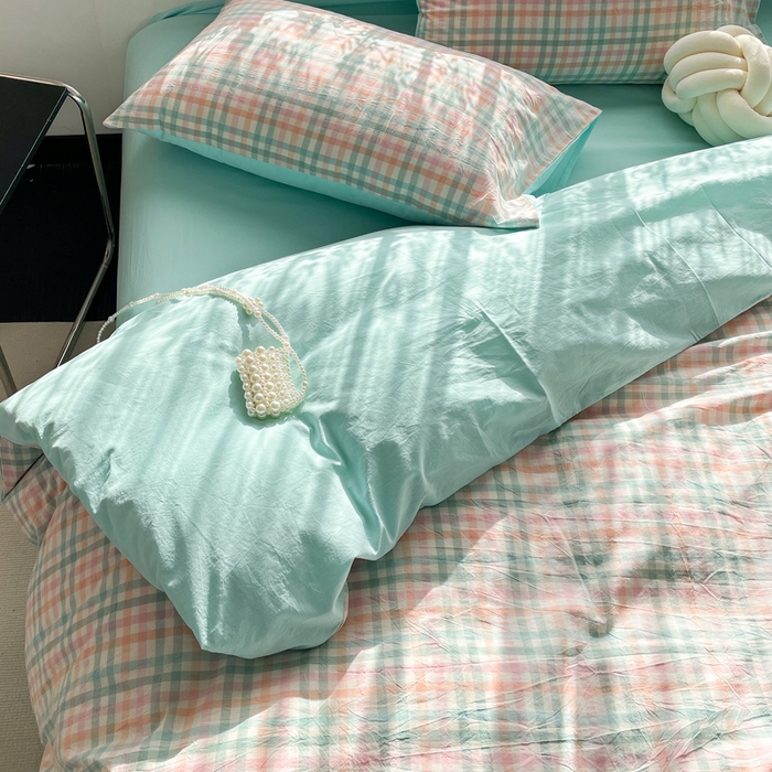 91家纺网 家纺一手货源 找家纺 春皖家纺 2026新款色织AB版水洗棉三件套四件套单品系列（四件套风格一） 翠竹-绿格