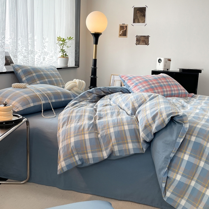 91家纺网 家纺一手货源 找家纺 春皖家纺 2026新款色织AB版水洗棉三件套四件套单品系列（四件套风格一） 素雅-蓝格