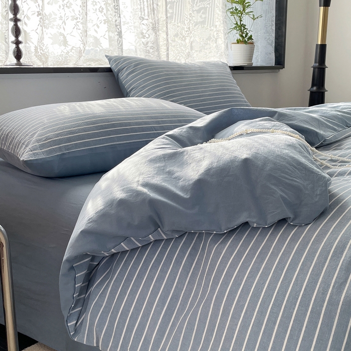 91家纺网 家纺一手货源 找家纺 春皖家纺 2026新款色织AB版水洗棉三件套四件套单品系列（四件套风格一） 素雅-蓝条