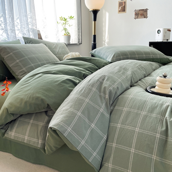 91家纺网 家纺一手货源 找家纺 春皖家纺 2026新款色织AB版水洗棉三件套四件套单品系列（四件套风格一） 素雅-韵绿