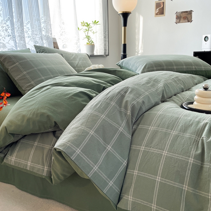 91家纺网 家纺一手货源 找家纺 春皖家纺 2026新款色织AB版水洗棉三件套四件套单品系列（四件套风格一） 素雅-韵绿