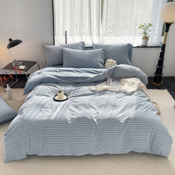 91家纺网 家纺一手货源 找家纺 春皖家纺 2026新款色织AB版水洗棉三件套四件套单品系列（四件套风格一） 素雅-蓝条