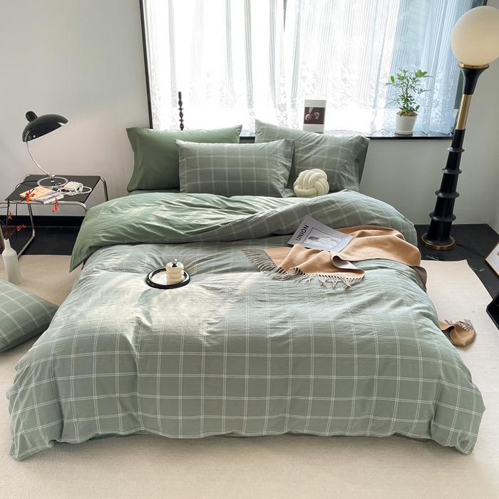 春皖家纺 2026新款色织AB版水洗棉三件套四件套单品系列（四件套风格一） 素雅-韵绿