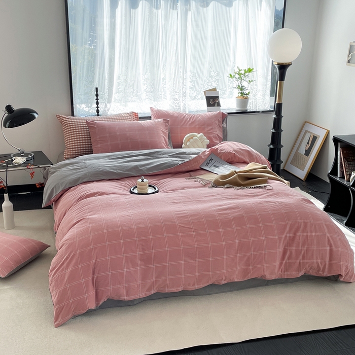 91家纺网 家纺一手货源 找家纺 春皖家纺 2026新款色织AB版水洗棉三件套四件套单品系列（四件套风格一） 素雅-韵粉