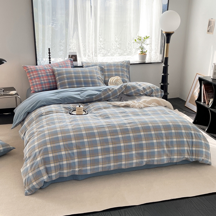 91家纺网 家纺一手货源 找家纺 春皖家纺 2026新款色织AB版水洗棉三件套四件套单品系列（四件套风格一） 素雅-蓝格