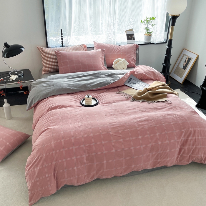 91家纺网 家纺一手货源 找家纺 春皖家纺 2026新款色织AB版水洗棉三件套四件套单品系列（四件套风格一） 素雅-韵粉