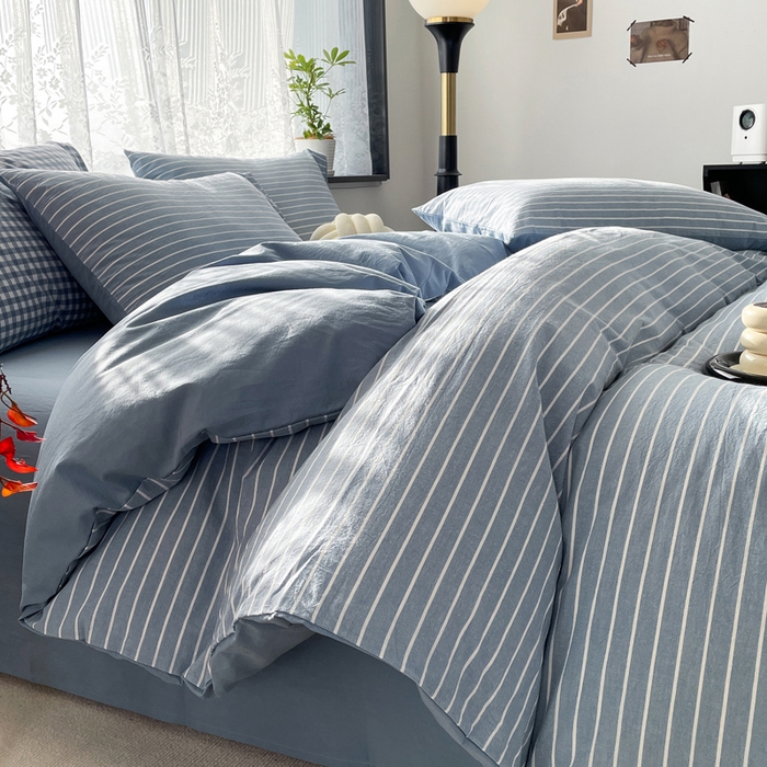 91家纺网 家纺一手货源 找家纺 春皖家纺 2026新款色织AB版水洗棉三件套四件套单品系列（四件套风格一） 素雅-蓝条