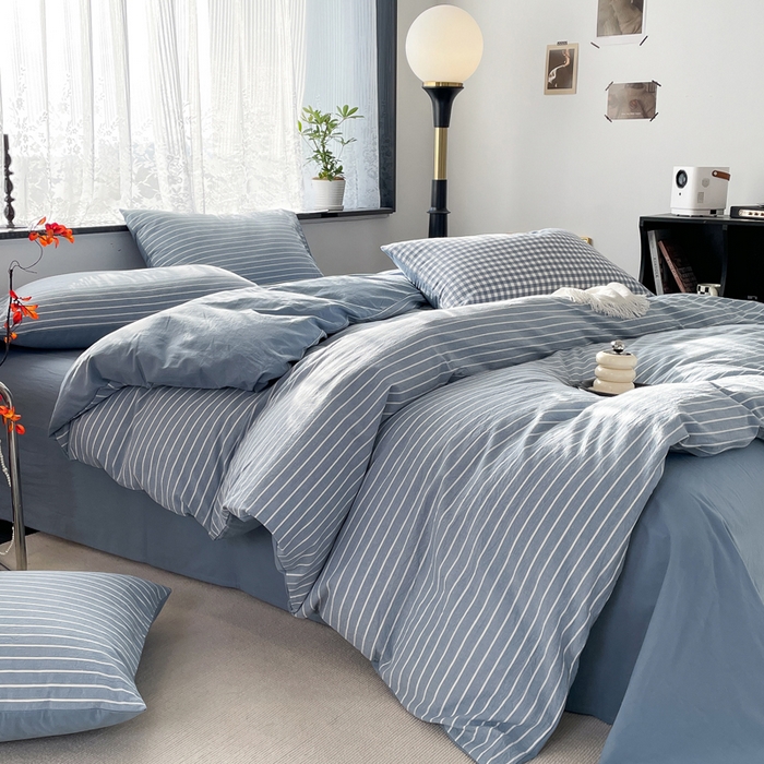 91家纺网 家纺一手货源 找家纺 春皖家纺 2026新款色织AB版水洗棉三件套四件套单品系列（四件套风格一） 素雅-蓝条