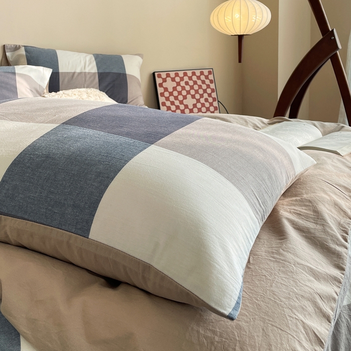 91家纺网 家纺一手货源 找家纺 春皖家纺 2026新款色织AB版水洗棉三件套四件套单品系列（四件套风格一） 素雅-蓝大格