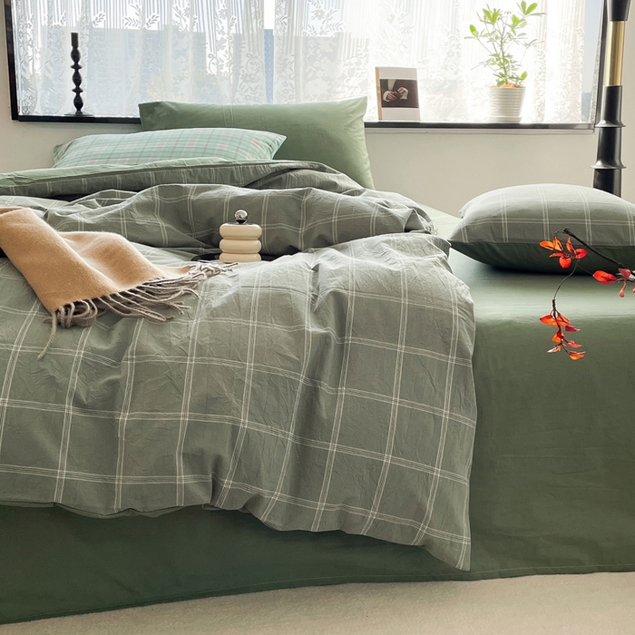 91家纺网 家纺一手货源 找家纺 春皖家纺 2026新款色织AB版水洗棉三件套四件套单品系列（四件套风格一） 素雅-韵绿