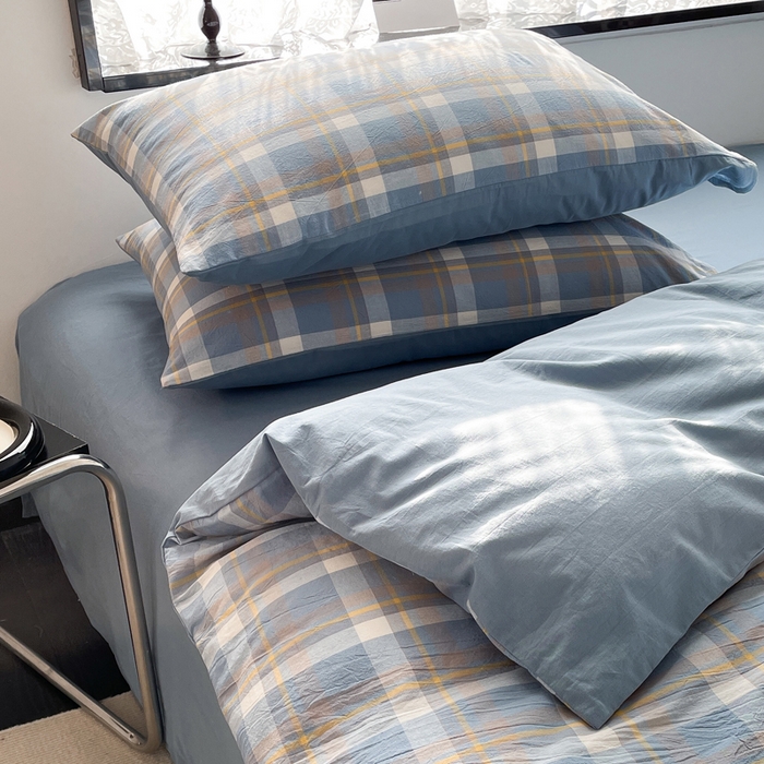 91家纺网 家纺一手货源 找家纺 春皖家纺 2026新款色织AB版水洗棉三件套四件套单品系列（四件套风格一） 素雅-蓝格