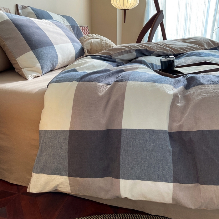 91家纺网 家纺一手货源 找家纺 春皖家纺 2026新款色织AB版水洗棉三件套四件套单品系列（四件套风格一） 素雅-蓝大格