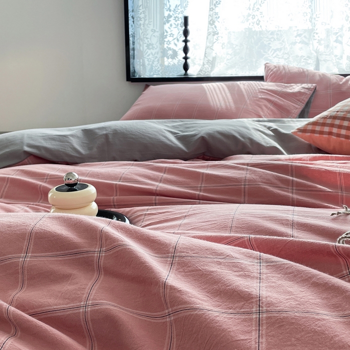 91家纺网 家纺一手货源 找家纺 春皖家纺 2026新款色织AB版水洗棉三件套四件套单品系列（四件套风格一） 素雅-韵粉