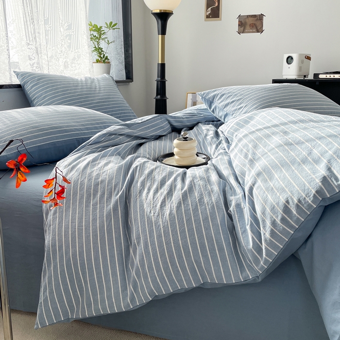 91家纺网 家纺一手货源 找家纺 春皖家纺 2026新款色织AB版水洗棉三件套四件套单品系列（四件套风格一） 素雅-蓝条