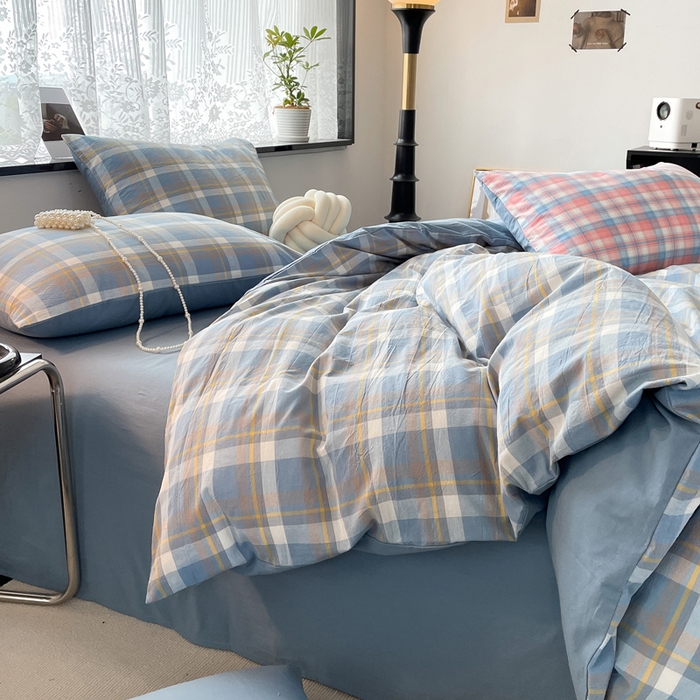 91家纺网 家纺一手货源 找家纺 春皖家纺 2026新款色织AB版水洗棉三件套四件套单品系列（四件套风格一） 素雅-蓝格