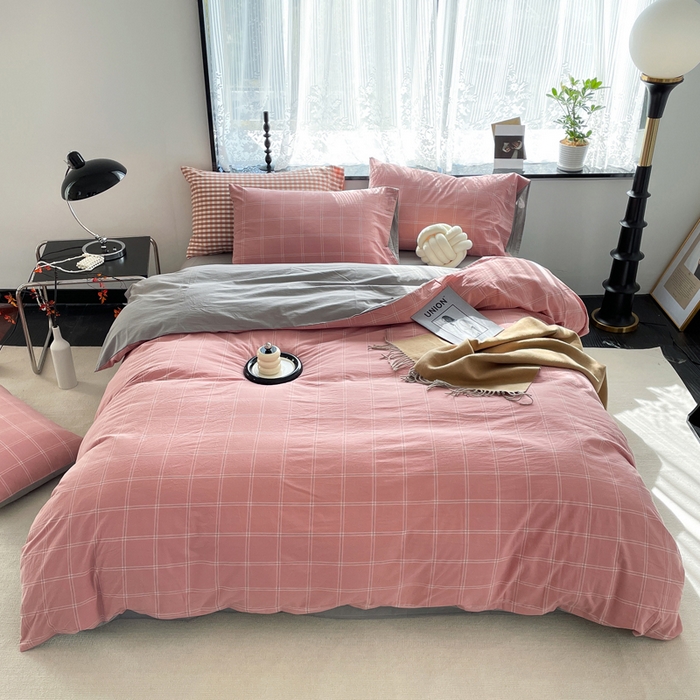 91家纺网 家纺一手货源 找家纺 春皖家纺 2026新款色织AB版水洗棉三件套四件套单品系列（四件套风格一） 素雅-韵粉