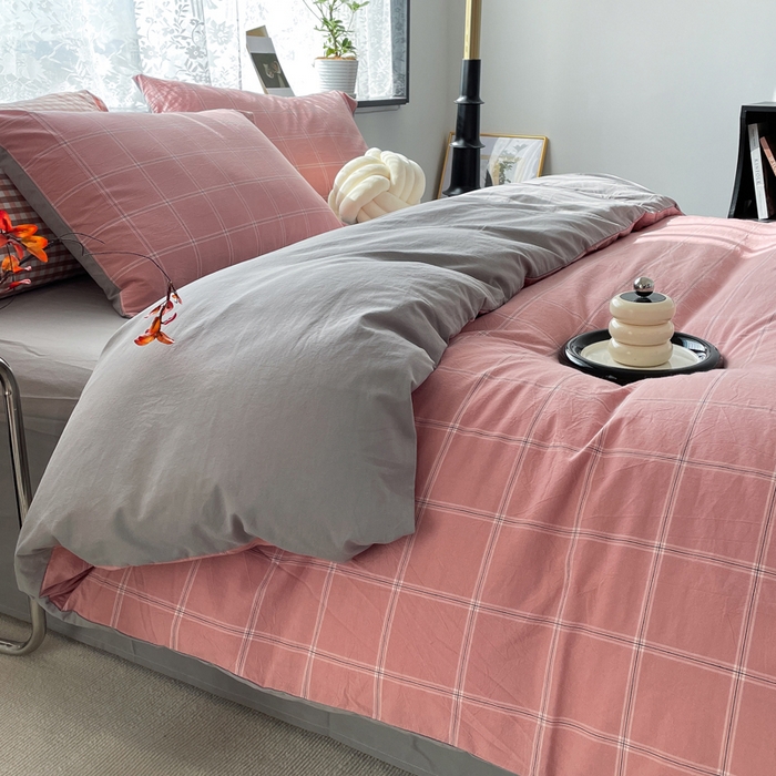 91家纺网 家纺一手货源 找家纺 春皖家纺 2026新款色织AB版水洗棉三件套四件套单品系列（四件套风格一） 素雅-韵粉