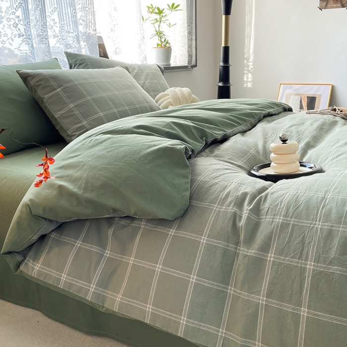 91家纺网 家纺一手货源 找家纺 春皖家纺 2026新款色织AB版水洗棉三件套四件套单品系列（四件套风格一） 素雅-韵绿