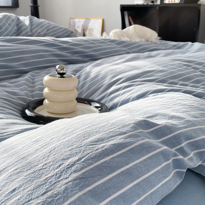 91家纺网 家纺一手货源 找家纺 春皖家纺 2026新款色织AB版水洗棉三件套四件套单品系列（四件套风格一） 素雅-蓝条