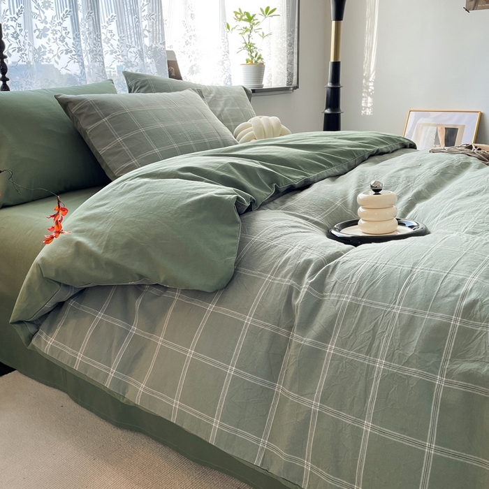 91家纺网 家纺一手货源 找家纺 春皖家纺 2026新款色织AB版水洗棉三件套四件套单品系列（四件套风格一） 素雅-韵绿