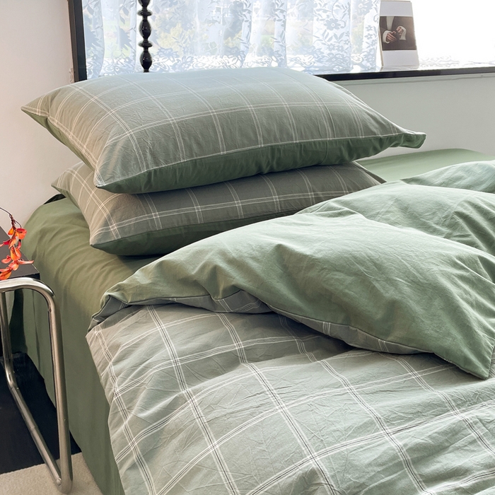 91家纺网 家纺一手货源 找家纺 春皖家纺 2026新款色织AB版水洗棉三件套四件套单品系列（四件套风格一） 素雅-韵绿