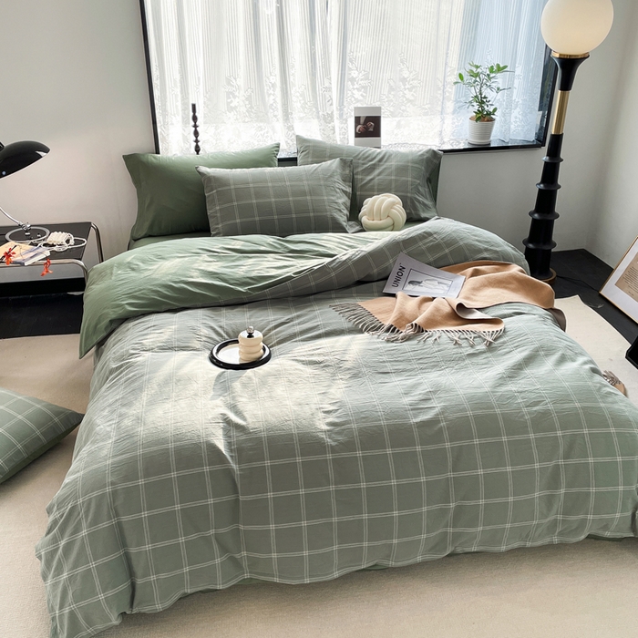 91家纺网 家纺一手货源 找家纺 春皖家纺 2026新款色织AB版水洗棉三件套四件套单品系列（四件套风格一） 素雅-韵绿