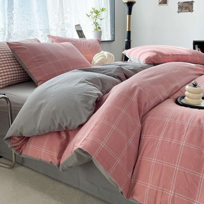 91家纺网 家纺一手货源 找家纺 春皖家纺 2026新款色织AB版水洗棉三件套四件套单品系列（四件套风格一） 素雅-韵粉