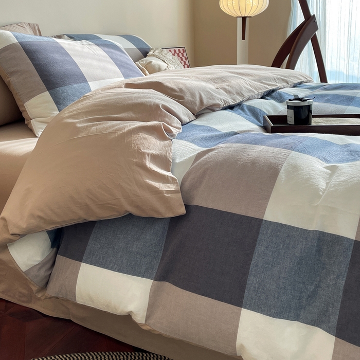 91家纺网 家纺一手货源 找家纺 春皖家纺 2026新款色织AB版水洗棉三件套四件套单品系列（四件套风格一） 素雅-蓝大格