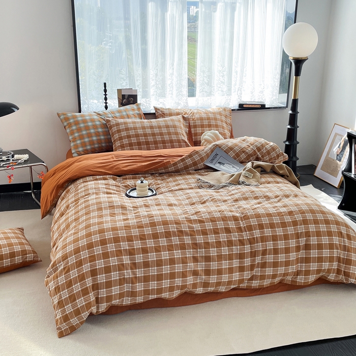 91家纺网 家纺一手货源 找家纺 春皖家纺 2026新款色织AB版水洗棉三件套四件套单品系列（四件套风格一） 素雅-黄格