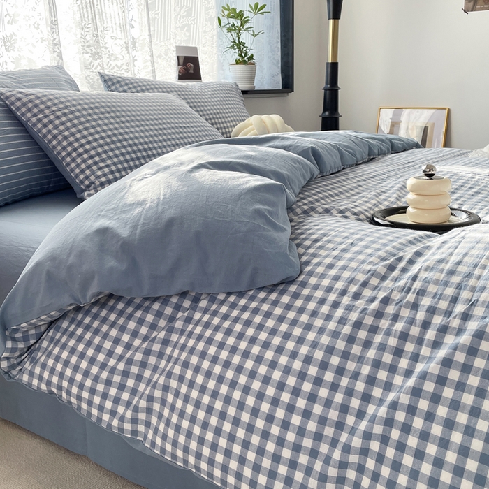 91家纺网 家纺一手货源 找家纺 春皖家纺 2026新款色织AB版水洗棉三件套四件套单品系列（四件套风格一） 素雅-蓝小格