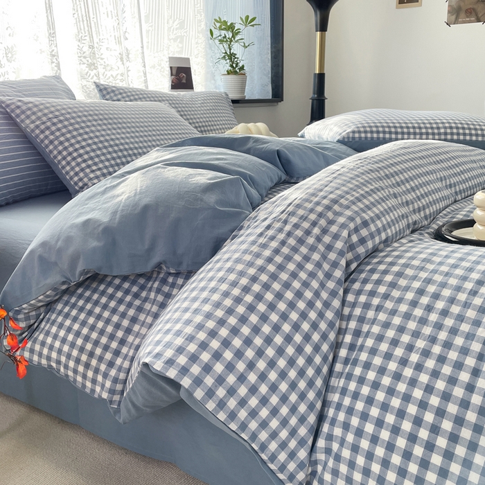 91家纺网 家纺一手货源 找家纺 春皖家纺 2026新款色织AB版水洗棉三件套四件套单品系列（四件套风格一） 素雅-蓝小格