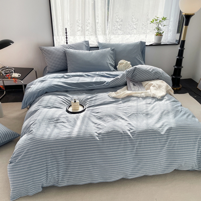 91家纺网 家纺一手货源 找家纺 春皖家纺 2026新款色织AB版水洗棉三件套四件套单品系列（四件套风格一） 素雅-蓝条