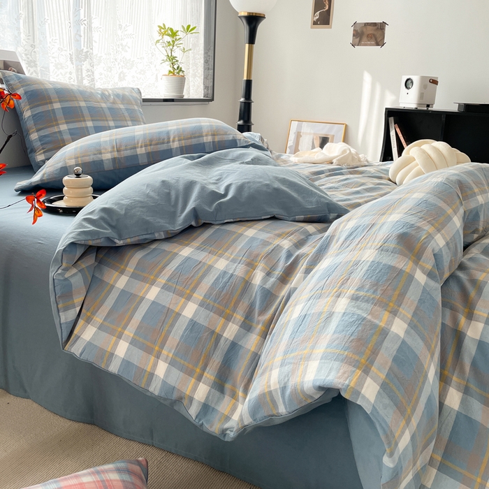 91家纺网 家纺一手货源 找家纺 春皖家纺 2026新款色织AB版水洗棉三件套四件套单品系列（四件套风格一） 素雅-蓝格