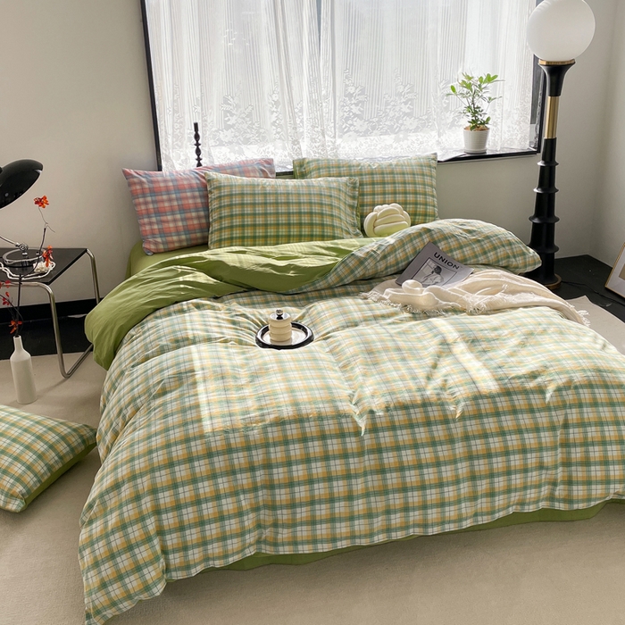 91家纺网 家纺一手货源 找家纺 春皖家纺 2026新款色织AB版水洗棉三件套四件套单品系列（四件套风格一） 栗木-芒格