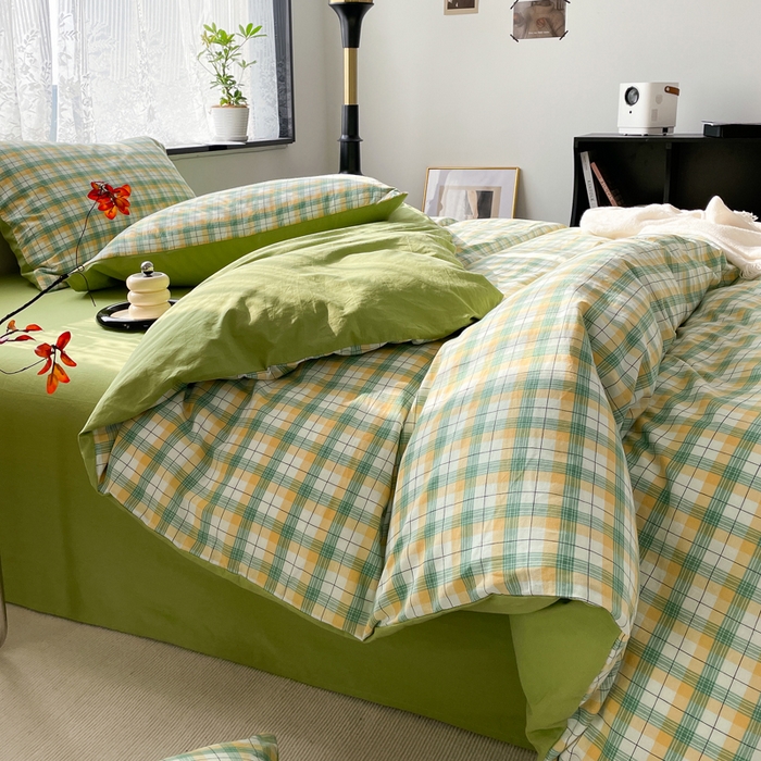 91家纺网 家纺一手货源 找家纺 春皖家纺 2026新款色织AB版水洗棉三件套四件套单品系列（四件套风格一） 栗木-芒格