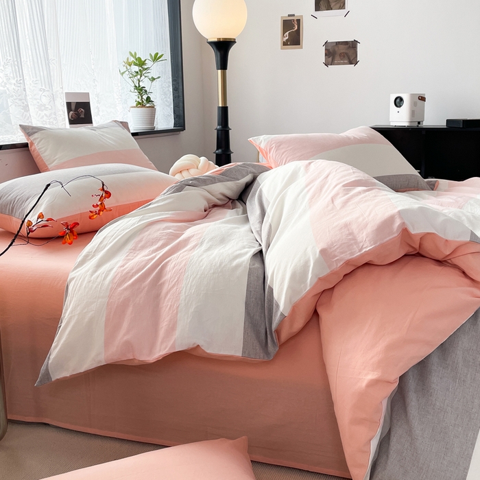 91家纺网 家纺一手货源 找家纺 春皖家纺 2026新款色织AB版水洗棉三件套四件套单品系列（四件套风格一） 素雅-灰白条