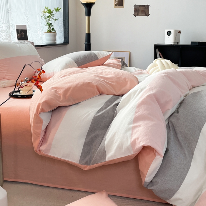 91家纺网 家纺一手货源 找家纺 春皖家纺 2026新款色织AB版水洗棉三件套四件套单品系列（四件套风格一） 素雅-灰白条