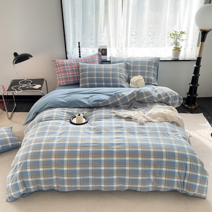 春皖家纺 2026新款色织AB版水洗棉三件套四件套单品系列（四件套风格一） 素雅-蓝格