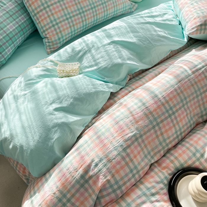 91家纺网 家纺一手货源 找家纺 春皖家纺 2026新款色织AB版水洗棉三件套四件套单品系列（四件套风格一） 翠竹-绿格