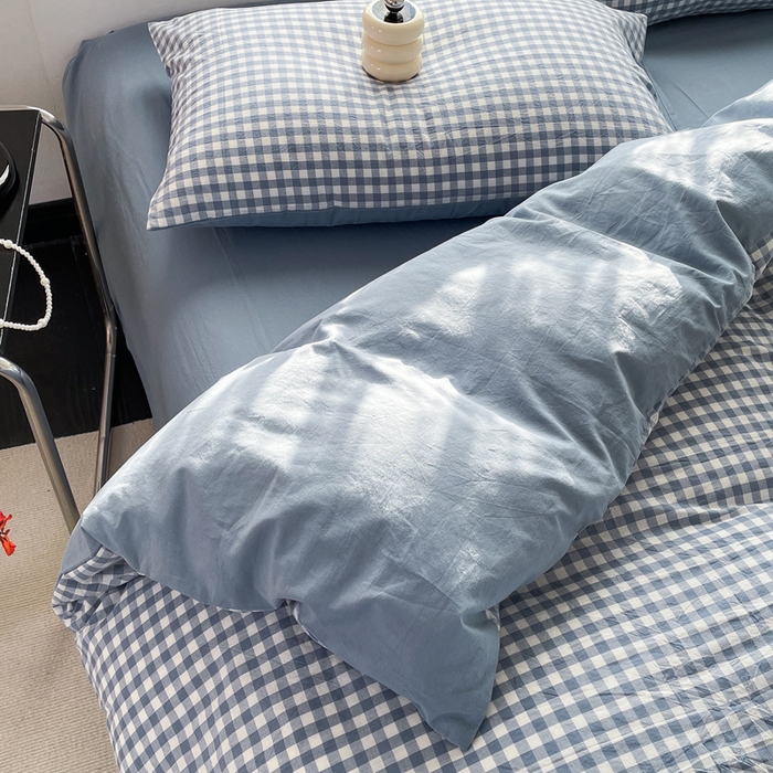 91家纺网 家纺一手货源 找家纺 春皖家纺 2026新款色织AB版水洗棉三件套四件套单品系列（四件套风格一） 素雅-蓝小格