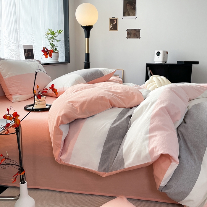 91家纺网 家纺一手货源 找家纺 春皖家纺 2026新款色织AB版水洗棉三件套四件套单品系列（四件套风格一） 素雅-灰白条