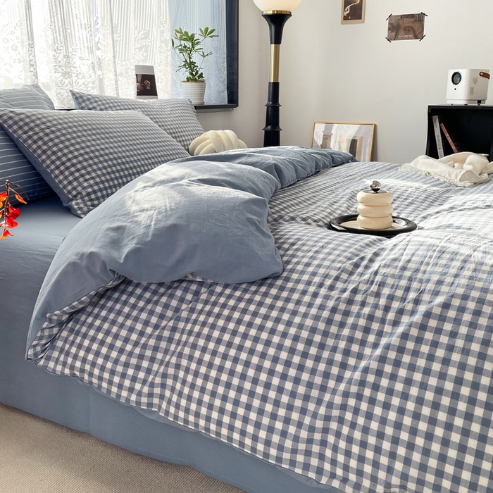 91家纺网 家纺一手货源 找家纺 春皖家纺 2026新款色织AB版水洗棉三件套四件套单品系列（四件套风格一） 素雅-蓝小格