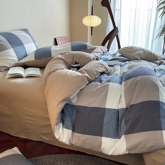 91家纺网 家纺一手货源 找家纺 春皖家纺 2026新款色织AB版水洗棉三件套四件套单品系列（四件套风格一） 素雅-蓝大格