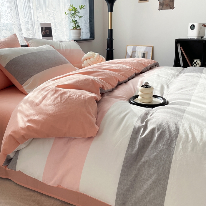 91家纺网 家纺一手货源 找家纺 春皖家纺 2026新款色织AB版水洗棉三件套四件套单品系列（四件套风格一） 素雅-灰白条